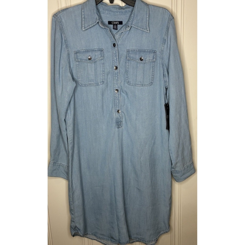Chaps Womens Light Wash Denim Shirt Dress Lyocell Long Sleeve L NWT Minimalist